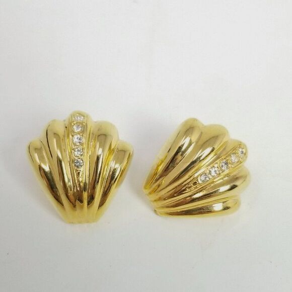 Vintage Gold Tone Shell Shape Stud Earrings, Rhinestone Accent, 80s 90s Style - Picture 1 of 6